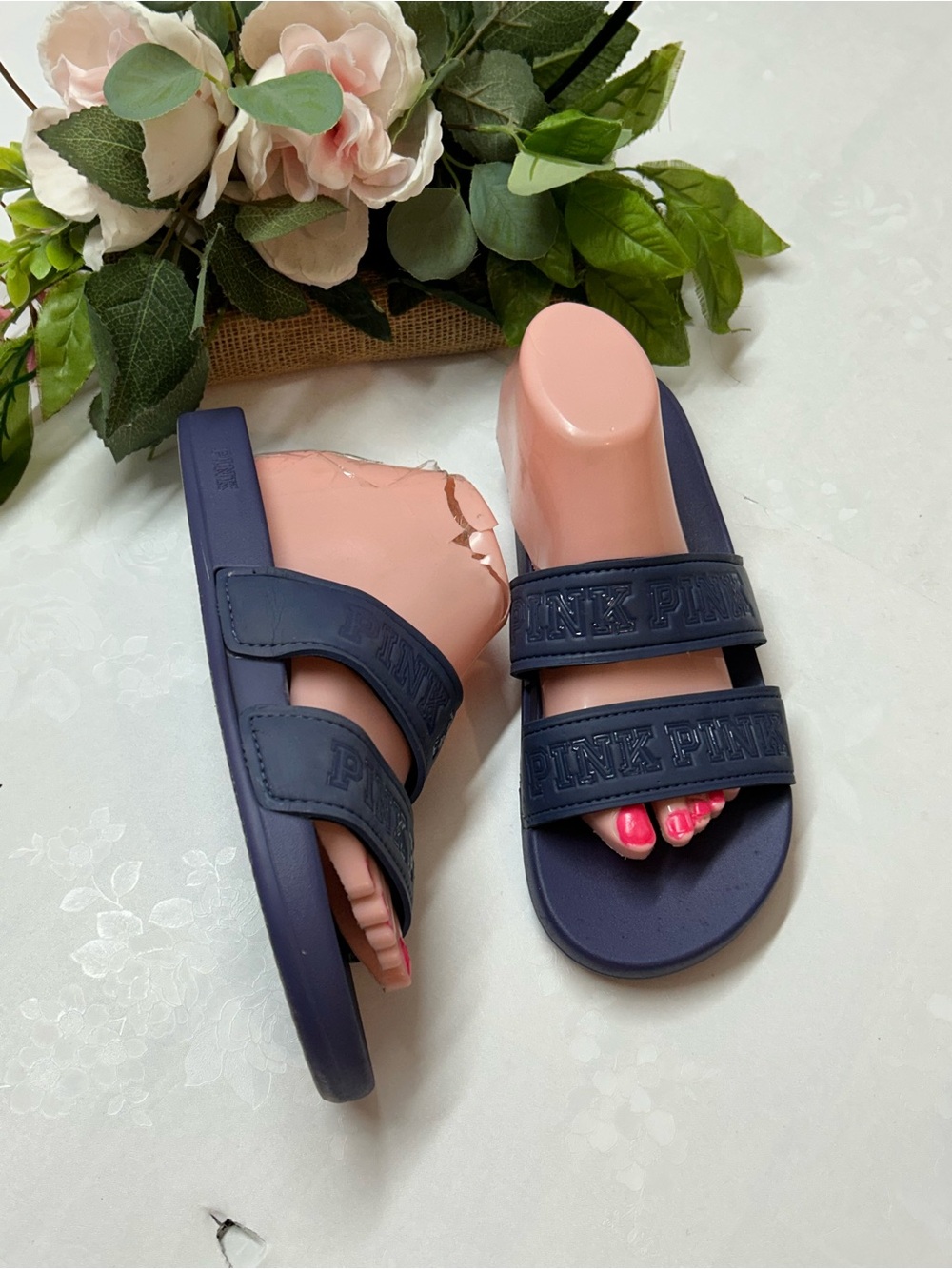 PINK Victoria's Secret Navy Slide Sandals with Double Straps - Picture 2 of 3